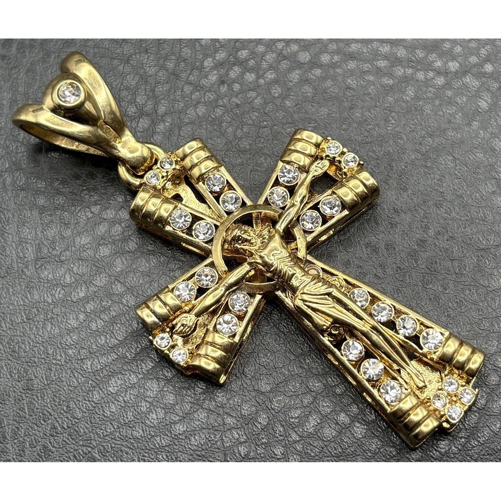 HUGE Gold Tone Crucifix Cross Pendant Jesus Clear Rhinestone Religious Jewelry